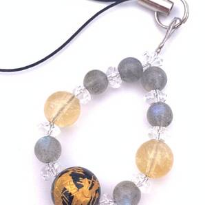 天然石オニキス金彫り青龍&ラブラドライト&シトリンのストラップ