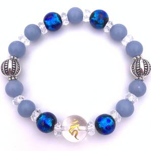 天然石水晶!守護仏梵字金彫り12mm玉&ホタルガラス&エンジェライトのブレスレット