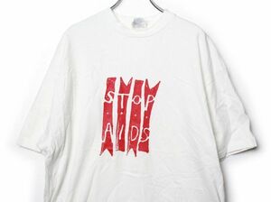90's USA製 Hanes ヘインズ STOP AIDS プリント 半袖Tシャツ 白 (XL) ストップエイズ 90年代 アメリカ製