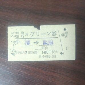 硬券、特急急行グリーン券、小樽から函館ゆき、1枚