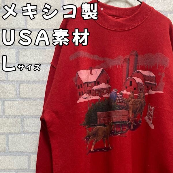 売り切り特価 90s USA素材 クリスマス フルーツオブザルーム 古着スウェット いぬ 犬 L メキシコ製 差し色 動物