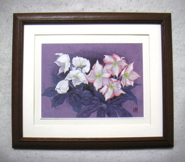 ◆Okae Shin Christmas Rose offset reproduction with wooden frame, immediate purchase◆, Painting, Oil painting, Still life