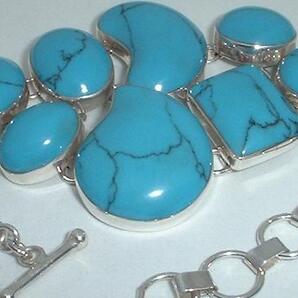 ★大型高級天然トルコ石8純銀シルバー925ブレスレット19.5cm