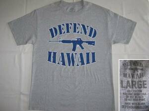 ★新品 ハワイ直輸入 ハワイ発 DEFEND HAWAII ディフェンドハワイ 半袖 Tシャツ L USサイズ グレー青紺 旧ロゴプリント ライフル柄 銃柄★