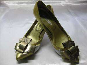 * beautiful goods /USED* pretty ribbon /F. leather / made in Japan / Gold / pumps *24*A