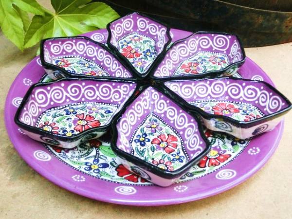 One of a kind☆Brand new☆Handmade Turkish pottery 1 large plate & 6 small bowls for party, plate, dish, Platter, platter, set