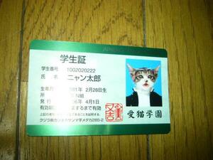 猫　なめ猫　学生証のカード　ニャン太郎　学ラン姿　可愛いわ　癒される　未使用