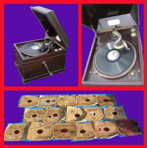 # antique * hand winding type gramophone * rare record attaching *...!