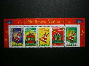 フランス発行 サンタクロースとスノーボードなどクリスマス切手 ５種連刷 ＮＨ 未使用