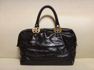 美品 激レア！■　TORY BURCH ■ トリーバーチ ■ 光沢 シワ加工 レザー製 ・ ハンドバッグ ■ 黒 ブラック系 ■　ゆうパック： 送料無料