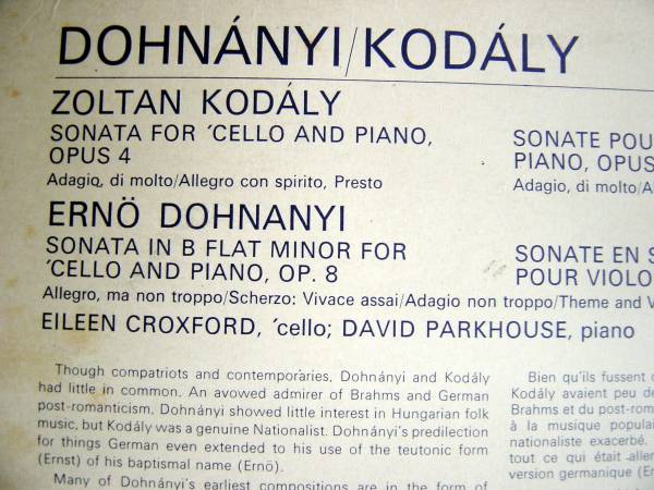 【LP】コダーイ:ドホナーニ(STXID5294英SAGA1967年DOHNANYI:KODALYチェロピアノSTEREO/EILEEN CROXFORD/DAVID PARKHOUSEマト機械打A1/B2)