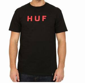 USA正規品 【2XL】 米国ブランド HUF ハフ 半袖 Tシャツ 定番オリジナルロゴ ESSENTIALS OG LOGO 黒 赤ロゴ コットン100%