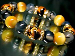 Art hand Auction ◆◇Four Divine Beasts Onyx § Black Dragon Pattern Golden Tiger Eye 12mm Gold Rondelle◇◆ Free shipping with Yu-Packet Anonymous shipping, Handmade, Accessories (for women), others