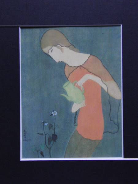 Цугухару Фуджита, Женщина поливает цветы, Из редкой коллекции произведений искусства, Новая рамка в комплекте, Рисование, Картина маслом, Портреты