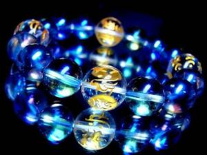 守り本尊十二支梵字水晶14ミリブルーオーラ12ミリ数珠