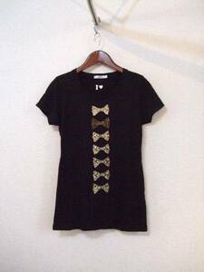 ユニクロ黒リボンプリントTシャツ（USED）72414