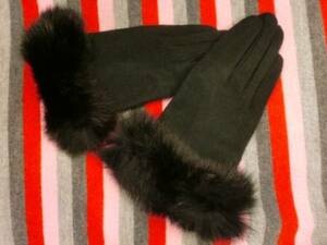  Lady's fashion gloves cashmere Touch natural rabbit fur attaching gloves service goods ( black )