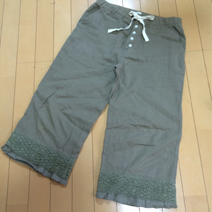  natural half edge height pants * key braided race *M khaki cotton flax linen.