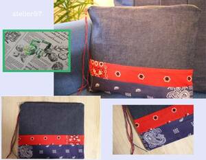 atelier57 red × navy bandana indigo Denim clutch bag inner bag Trend new goods Dress Terior 