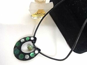  leather cord * black base . green . silver. circle . pattern . beautiful necklace *