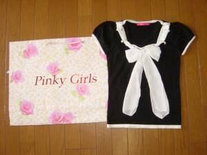 ★新品ピンキーガールズ★シフォン リボン&バイカラー黒ニット半袖Pinky Girls