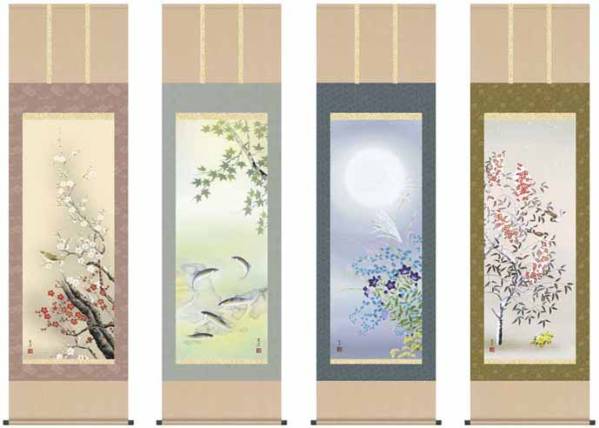 New Hanging Scroll, Four Seasons, Flowers and Birds, Gencho Shimizu, Shakugo, Hanging Scroll, Flowers, Birds, Year-round, Set of 4, Can be enjoyed throughout the year., painting, Japanese painting, flowers and birds, birds and beasts