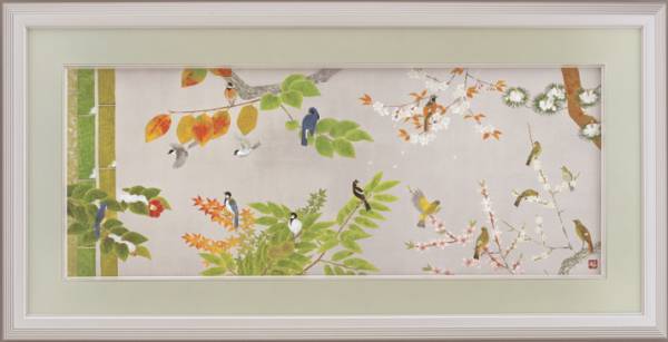Бесплатная доставка Atsuyuki Uemura «Четыре сезона» с цветами и птицами, шелкография, стиль печати = ширина: 100%;, произведение искусства, Распечатать, шелкография