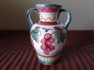 WAOO アンティーク ベース 葡萄柄陶器 持ち手付 花瓶 20cm