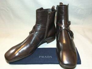 新品 プラダ コレクション ベルト レザー ブーツ 10 茶 ブラウン シューズ 革靴 PRADA