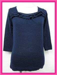 [ free shipping ] HusHush knitted sweater long sleeve frill navy blue S size 1