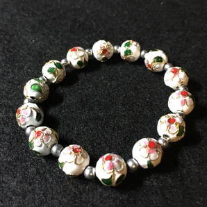 ブレスレット 景泰藍 七宝焼き 花模様 白色ベース 9mm ③