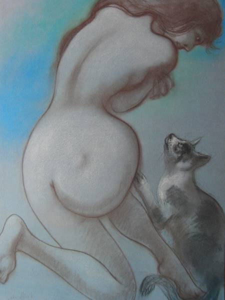 古沢岩美, 猫と女, リトタイプ, 版上刷サイン入, 新品額付25, 絵画, 油彩, 自然, 風景画