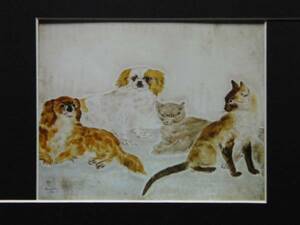 Art hand Auction Tsuguharu Fujita, two dogs and two cats, From a rare art book, Brand new with frame, painting, oil painting, animal drawing