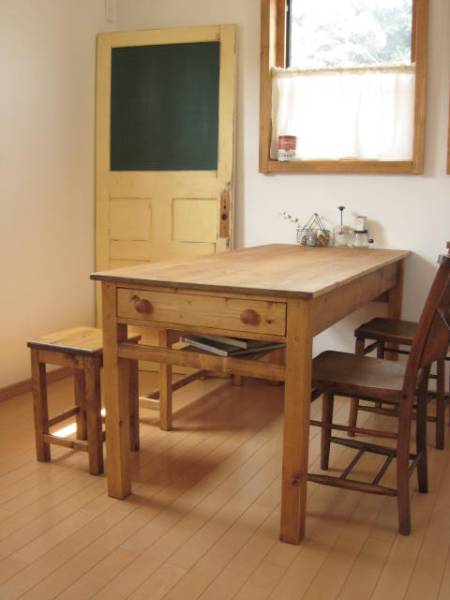 10c…drawer dining TABLE pine w1500 / notパインテーブル長机, ハンドメイド作品, 家具, 椅子, テーブル, 机