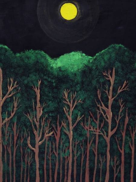 ≪Komikyo≫ Rinko Nakamura, moonlit forest, acrylic painting, Comes with certificate, artwork, painting, acrylic, gouache