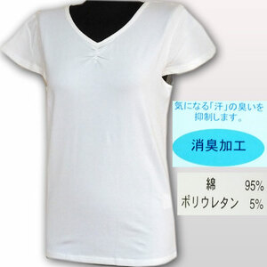 サイズS寸V襟半袖Tシャツ（白色）消臭加工あり