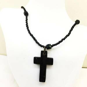 【ネックレス】木製 クロス 十字架 黒 ブラック ビーズ レトロ