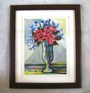 Art hand Auction ◆ Kobe Fumiko Blue Flowers and Roses offset reproduction, wooden frame, immediate purchase ◆, Painting, Oil painting, Still life