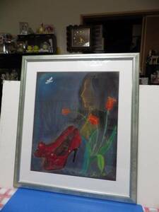 Art hand Auction パステル真筆画 ｢赤いヒールとチューリップと少女｣, 美術品, 絵画, パステル画, クレヨン画