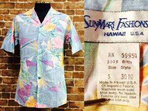 ★表記S/USA製！1980'sヴィンテージ.花柄Hawaii製.ハワイアンアロハシャツ.アメリカ製古着.Vintage.総柄.70'sヒッピー西海岸サーフスタイル