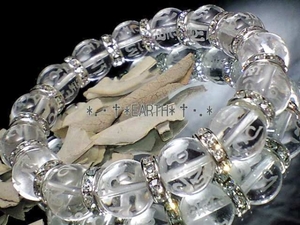 天然石★12ミリ素彫六字真言梵字水晶銀平ロンデル 数珠　送料無料　匿名発送