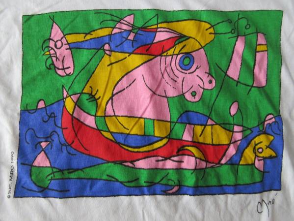 90's スペイン製 ジョアン･ミロ Tシャツ L M位 白 Joan Miro ミロ surrealism シュルレアリスム スペイン 絵画 ART 芸術 現代美術 美術館/, Mサイズ, 丸首, 文字, ロゴ