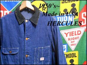 《濃紺》Made in USA製アメリカ製HERCULESヘラクレスビンテージインディゴデニムカバーオールワークジャケット赤タグ50s50年代60s60年代ML