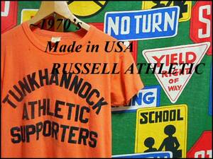 ★雰囲気系の1枚★Made in USA製アメリカ製RUSSELLラッセルビンテージフェルトプリントTシャツ金タグ70s70年代ゴールドタグOLDタグ