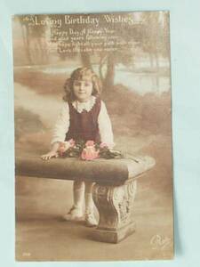 英国アンティーク ポストカード 絵葉書 バースデーカード 写真 女の子 花 1916年 美少女 1