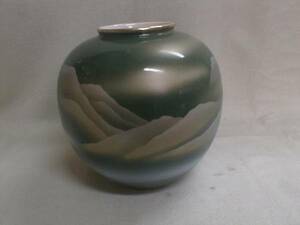 九谷焼　山景模様　色絵山水　18x18cm　和風陶磁器製飾り花瓶