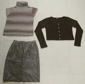 ■USED:茶系3点 短袖セーター&カーディガン&スカート M 　　DmJ74