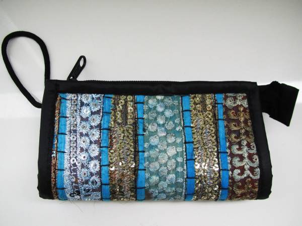 ☆新品☆インド 手刺繍 民族ポーチ&財布 スパンコール 青 ⑨
