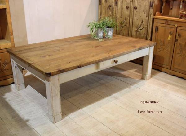 ★Shabby country low table★Antique white 120, handmade works, furniture, Chair, table, desk