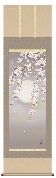 Parchemin suspendu, Fleurs de cerisier la nuit, Ogata Hasu, 150 cm, parchemin suspendu, peinture, fleurs de cerisier, printemps, Peinture, Peinture japonaise, Fleurs et oiseaux, Faune